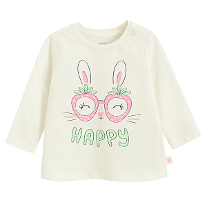 White long sleeve blouse with bunny with glasses and HAPPY print