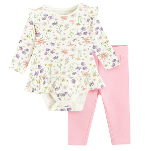 Floral bodysuit with skirt and pink leggings- 2 pieces