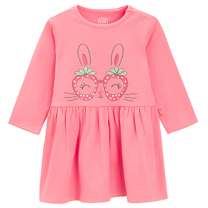 Pink long sleeve dress with bunny and glasses print