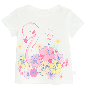 White T-short with pink flamingo day print