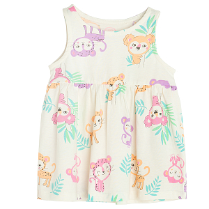 Cream sleeveless dress with small monkeys and cheetas print