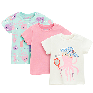 White, mint, pink short sleeve T-shirt with sea animals print- 3 pack