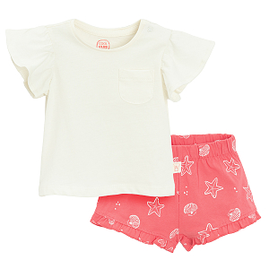 White T-shirt with chest pocket and coral shorts with sealife print