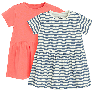 Coral and striped long sleeve dresses- 2 pack