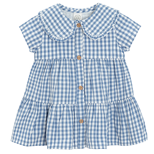 White and blue checkered short sleeve dress with ruffle colar