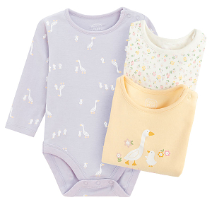 Purple, yellow, white long sleeve bodysuits with animals print- 3 pack