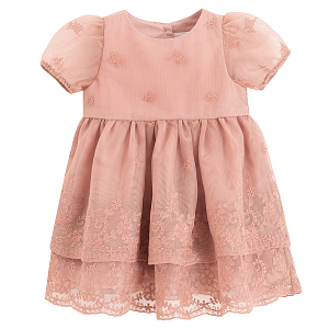 Dusty pink dress with puffly short sleeves and ruffles