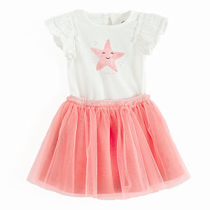 White T0shirt with starfish print and coral tute skirt- 2 pieces