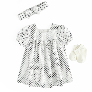 Short sleeve white polka party dress with matching headband and white socks - 3 pieces