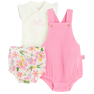 Clothing set, white sleeveless bodysuit with Together we grow print, floral shorts and pink legless overall