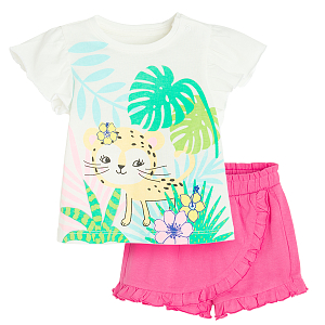 White with cheetah in jungle print T-shirt and pink wrap shorts - 2 pieces