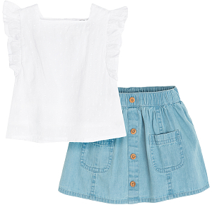 White blouse and denim skirt with brief attached- 2 pieces