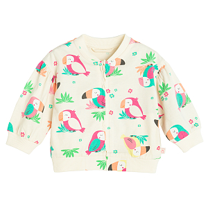 Light beige zip through sweatshirt with parrots print