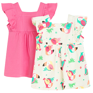 Pink and light pink with parrots print sleeveless dresses- 2 pack