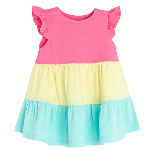 Turquoise, light yellow and pink sleeveless dresss