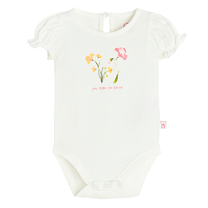 White bodysuit with short and puffy sleeves and pink flower print