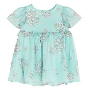 Mint short sleevel dress with white flowers print