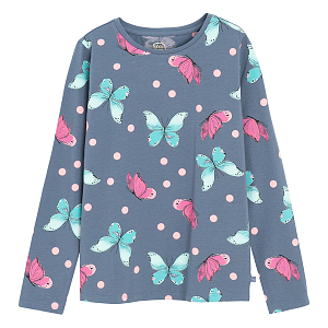 Blue long sleeve blouse with butterflies print