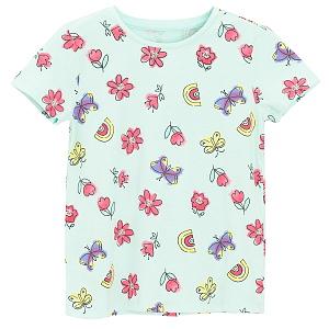 Mint short sleeve T-shirt with flowers, rainbows and butterflies print