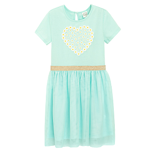 Mint short sleeve dress with heart print with daisies and tulle skirt