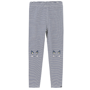 White and blue stripes leggings with kitten face on the knees