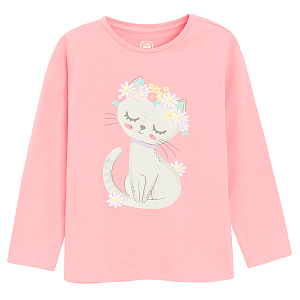 Pink long sleeve blouse with kitten print