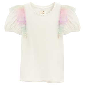 White T-shirt with tulle ruffle on shoulders