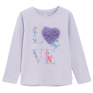Purple long sleeve blouse with LOVE print decorated with flowers and butterflies