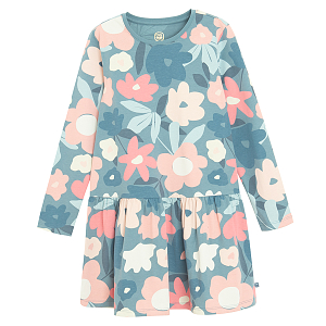 Φόρεμα κοντομάνικο μπλε με στάμπα ροζ λουλούδια