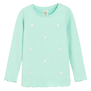 Mint long sleeve blouse with flowers embroidered