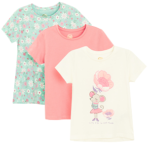 White with mouse print, floral and pink T-shirts- 3 pack