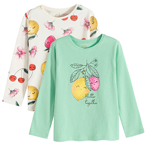 Green and white long sleeve blouses with fruits print- 2 pack