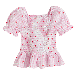 Checkered short sleeve blouse with hearts print, fluffy sleeves