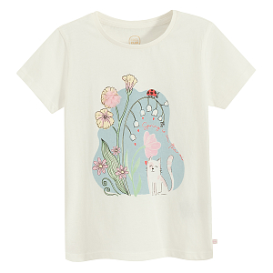 White T-shirt with cat, ladybug and flowers print