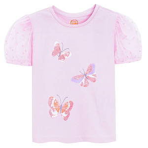 Pink short sleeve blouse with puffy sleeves and butterflies print