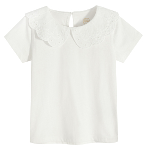 White short sleeve blouse with round embroidered collar
