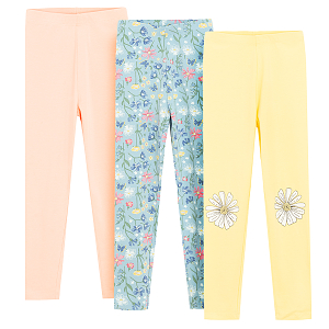 Pink, yellow, blue leggings with flowers and daisies print