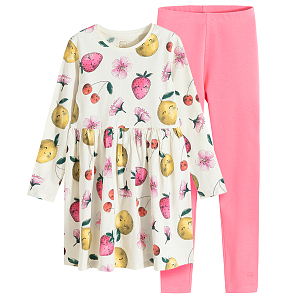 Ecru long sleeve dress with fruits print and pink leggings