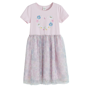 Light purple short sleeve dress with flowers in the shape of heart on the top and tulle floral bottom