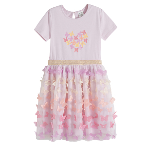 Light purple short sleeve dress with butterflies print on the top and tulle skirt