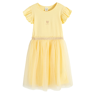 Yellow short sleeve party dress with tulle skirt