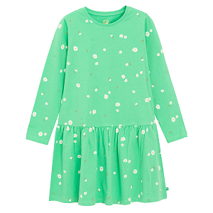 Φόρεμα μακρυμάνικο πράσινο με στάμπα μαργαρίτες