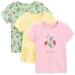 Μπλούζα κοντομάνικη 3 τμχ πράσινη, κίτρινη και ροζ με στάμπα φράουλες και κουνελάκι