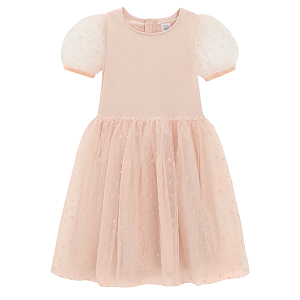 Pink short sleeve party dress with tulle and puffy sleeves