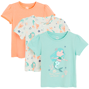 Turquose and peach T-shirts with mermaids print and peach T-shirt- 3 pack
