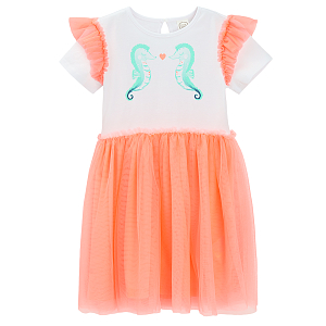 Short sleeve dress with sea horses print and pink tulle skirt