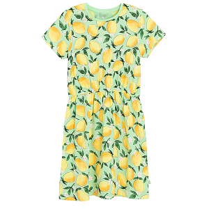 Green shorts leeve dress with lemons print