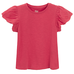 Pink short sleeve blouse with ruffle on shoulders