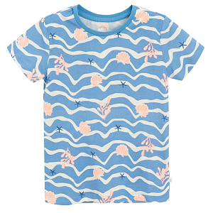 Blue and white T-shirt with waves and coral print