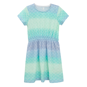 Turquoise short sleeve dress with mermaid scales pattern